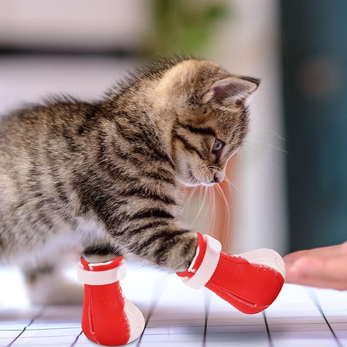 Gosknor 4pcs Cat Feet Covers, Adjustable Anti-Scratch Anti-Bite Silicone Kitten Paw Claw Caps Boots for Nail Trimming Bathing Checking Multifunctional Pet Grooming Protector Products (Red White)