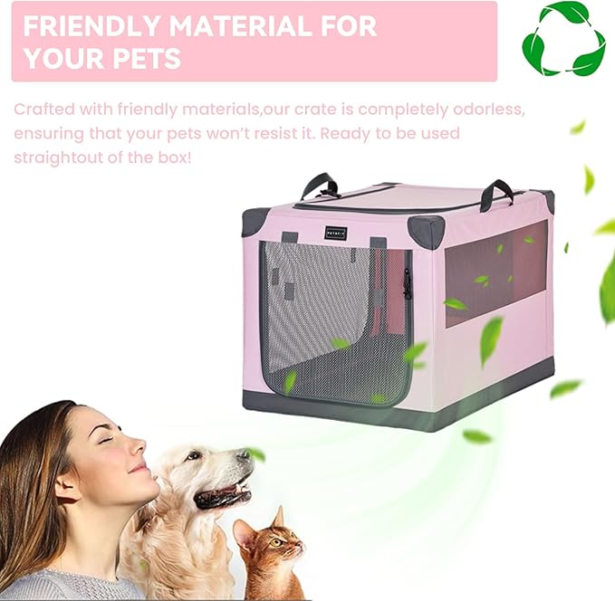 PETSFIT 26" Soft Portable Dog Crate – Patented Spiral Sturdy Frame, Collapsible Travel Kennel for Small Dogs, 3 Mesh Door, Lockable Zippers, Indoor & Car Use Pink
