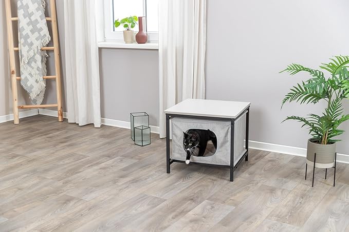 Trixie Emmie Indoor Cat Condo, Cozy Cat House with Metal Frame and Sturdy Fabric and Cozy Cushion for Extra Comfort, Classic Style Design, Greige/Gray, Use as a Table & Nightstand
