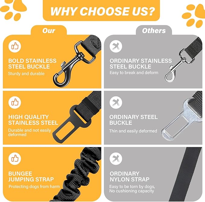 Dog Seat Belt Retractable Dog Car Harness 2 Pack Adjustable Elastic Bungee Buffer Heavy Duty & Durable & 360 Degree Swivel.