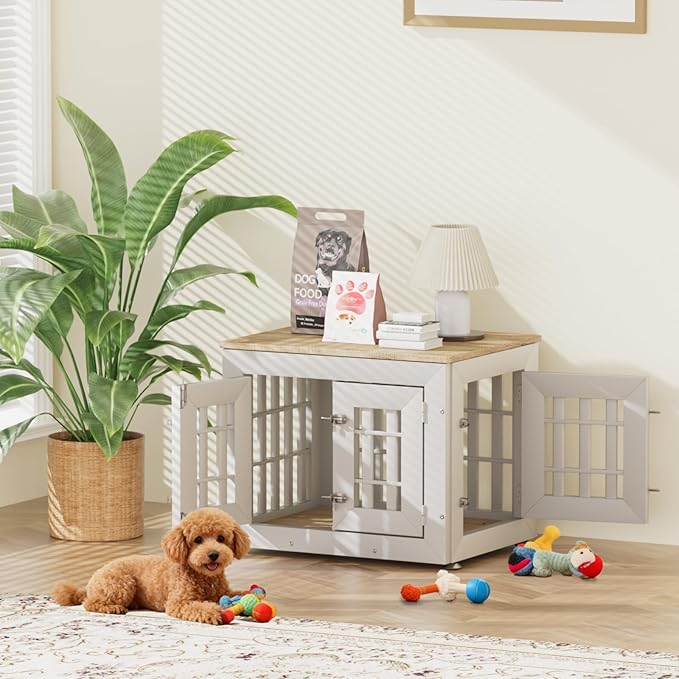 Snuowu 26" Heavy-Duty Dog Crate Furniture for Small/Medium Dogs, Rustic Wooden Dog Cage Kennel Indoor Furniture, Decorative Pet House End Table, White & Wood