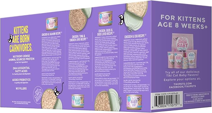 Tiki Cat Baby Wet Cat Food for Kittens, Shreds Variety Pack 2.4 oz. Cans (12 Count)