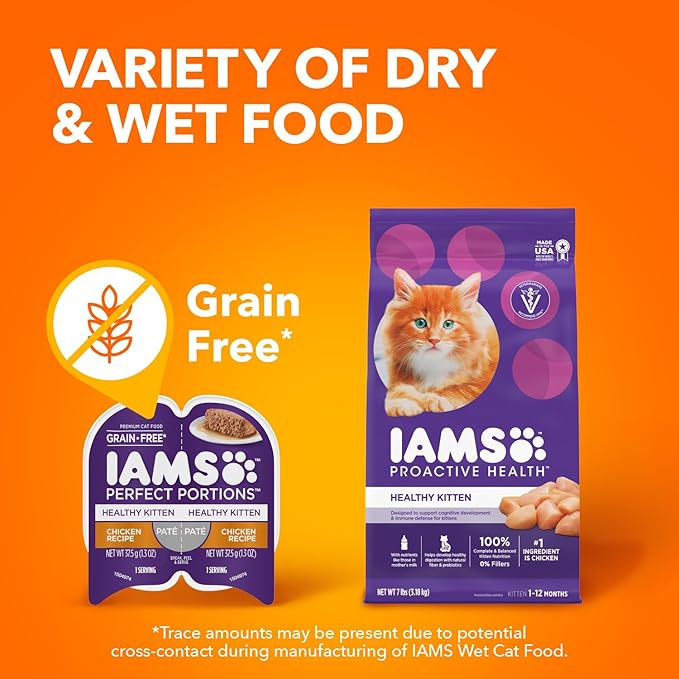 IAMS Perfect Portions Healthy Kitten Grain Free Wet Cat Food, Wet Cat Food Pate Recipe, Chicken Recipe, 2.6 oz. (24 Twin Packs)