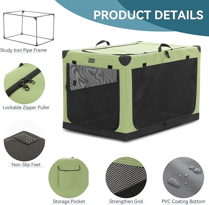 PETSFIT 40" Soft Portable Dog Crate – Patented Spiral Sturdy Frame, Collapsible Travel Kennel for Large Dogs, 3 Mesh Door, Lockable Zippers, Indoor & Car Use Green