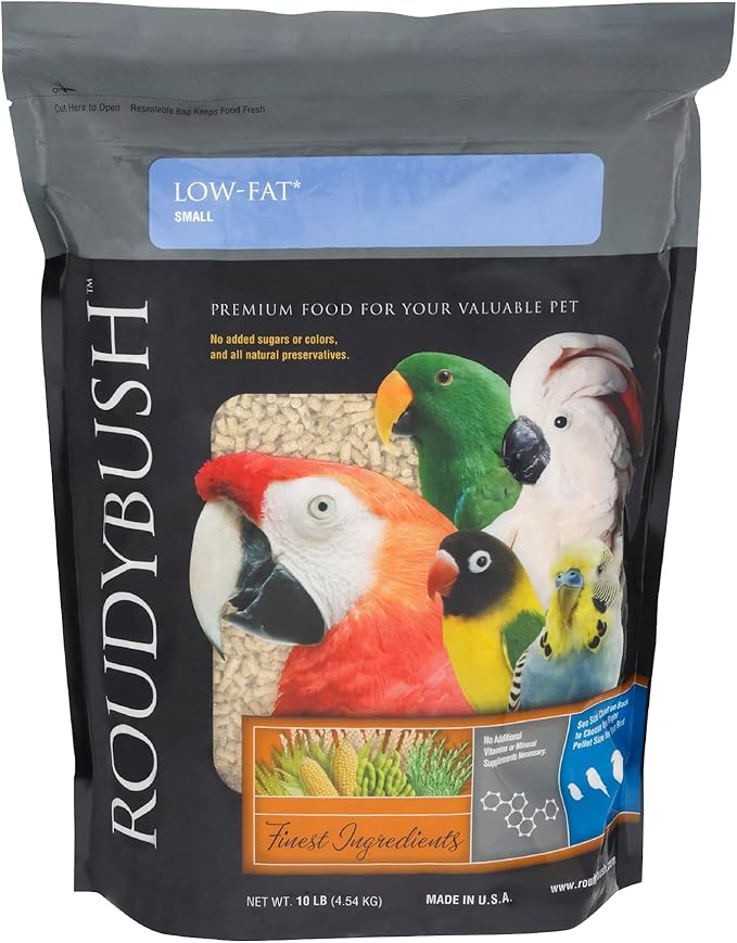 Roudybush Low Fat Food for Adult Birds & Chicks - Scientifically Formulated Bird Feed - Bird Food Pellets w/ Corn, Wheat, Soy & More - Nutritious & Healthy Feed for Birds (Small, 10lb)