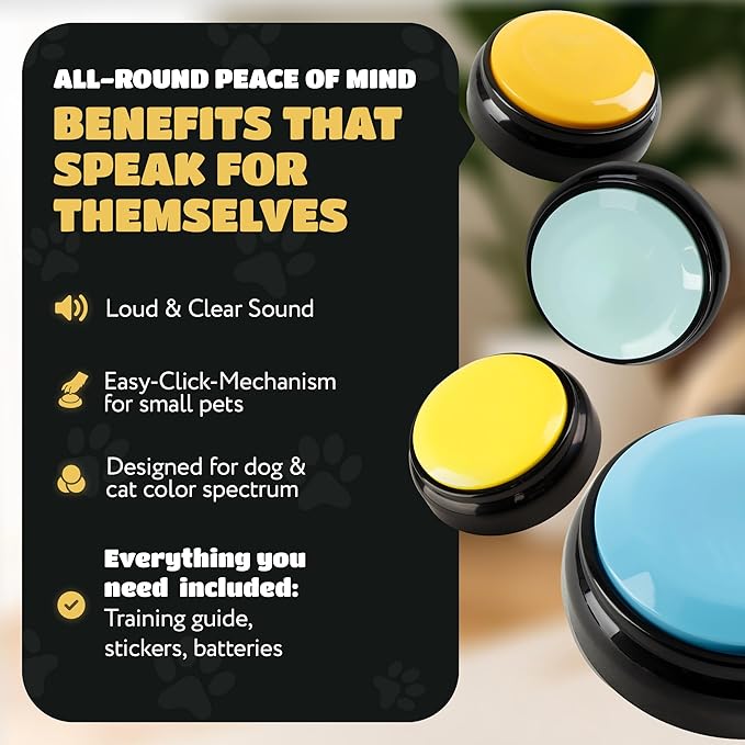 KUL KING'S Waterproof & Non-Slip Dog Command Buttons - 4 Recordable Buttons with Batteries, Stickers, Training Guide - Talking Dog Buttons for Communication