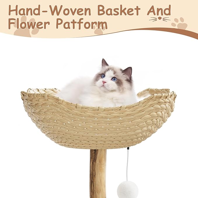 Luxury Wooden Cat Tree Tower for Large Cats41"/46" Modern Cat Condo with Natural Wood, Jute Scratching Posts, Spacious Woven Basket, Hanging Plaything Balls – Deluxe Indoor Cat Furniture, No locations