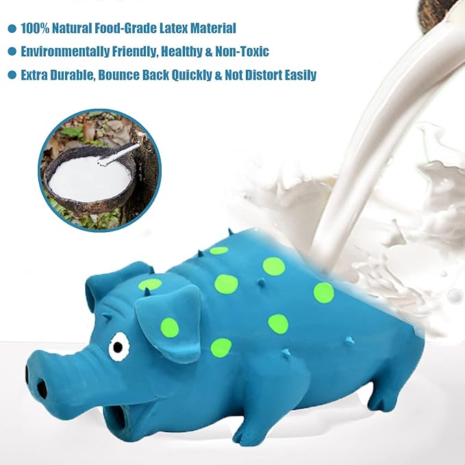 Pig Squeaky Dog Toy, 2 PCS Interactive Rubber Dog Chew Toy - Durable Latex Spot Grunting Pig Toys that Oink for Small Medium Large Dogs (Blue, Purple)