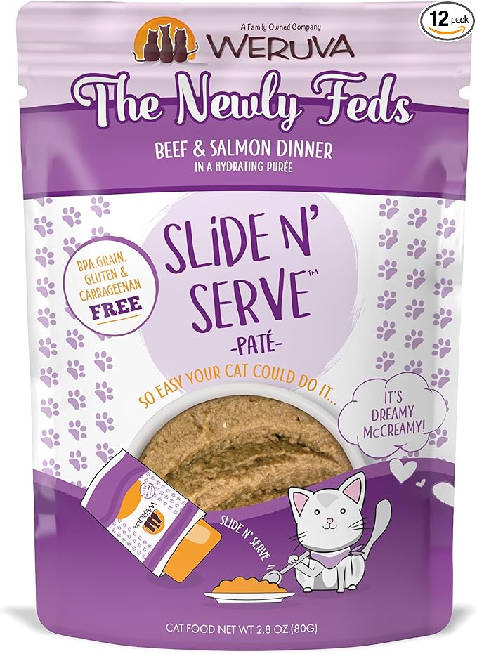 Weruva Wet Cat Food, The Newly Feds with Beef and Salmon Pate, 2.8oz Slide N Serve Pouch, Pack of 12