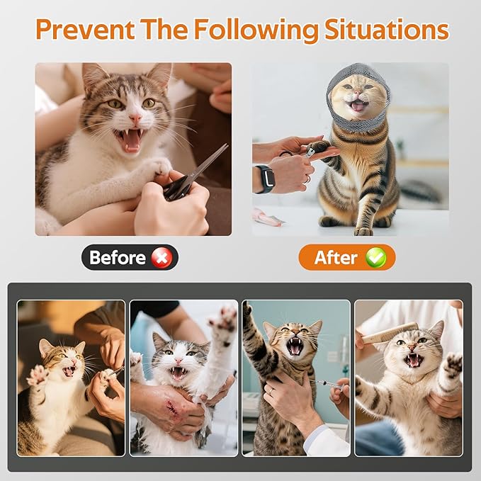 Adjustable Cat Muzzle for Grooming and Biting Prevention, Breathable TPU Material with 4 Anti-Scratch Gloves for Nail Trimming Bathing Vet Visits - S