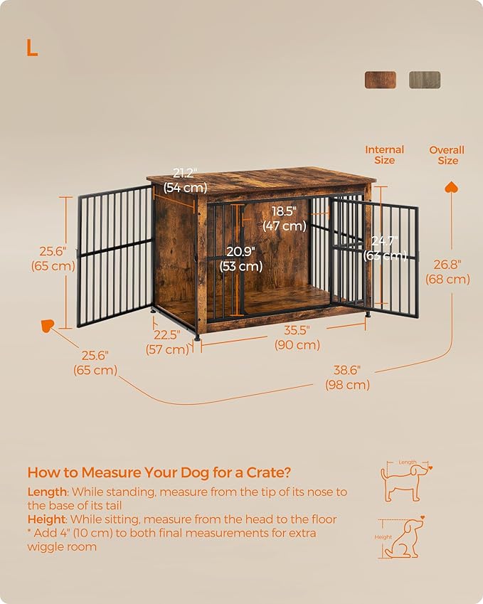 Feandrea 38.6" Dog Crate Furniture, Heavy-Duty Dog Cage Side End Table, XL Pet Wood Kennel for Large and Medium Dogs up to 70 lb with Enclosed Base, Double-Door Pet House, Rustic Brown