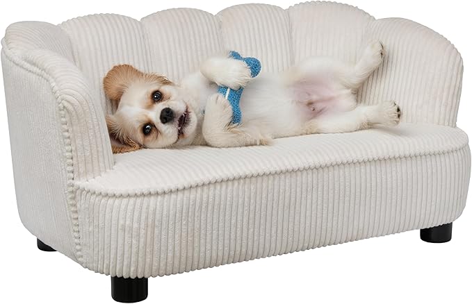 Paws & Purrs Retro Scalloped Back Sofa Style Pet Bed, Dog & Cat Couch with Tufted Cushion & Armrest, Stylish Indoor Pet Furniture, Cream