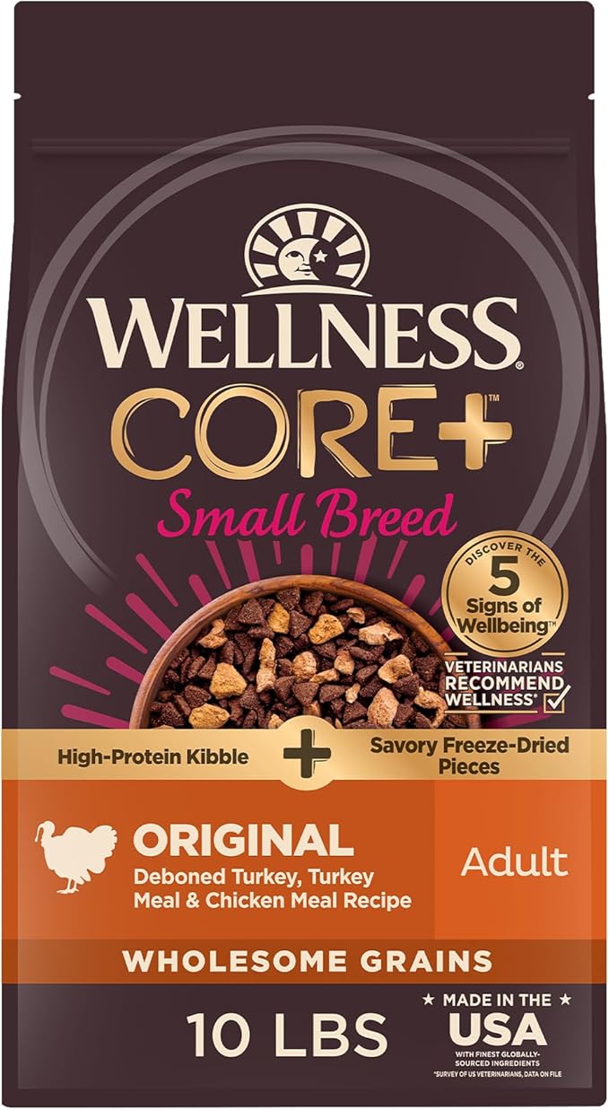 Wellness CORE+ Small Breed Adult Dry Dog Food with Freeze Dried Pieces, Wholesome Grain Kibble+, Natural, High Protein, Turkey and Chicken Recipe, 10 lb Bag
