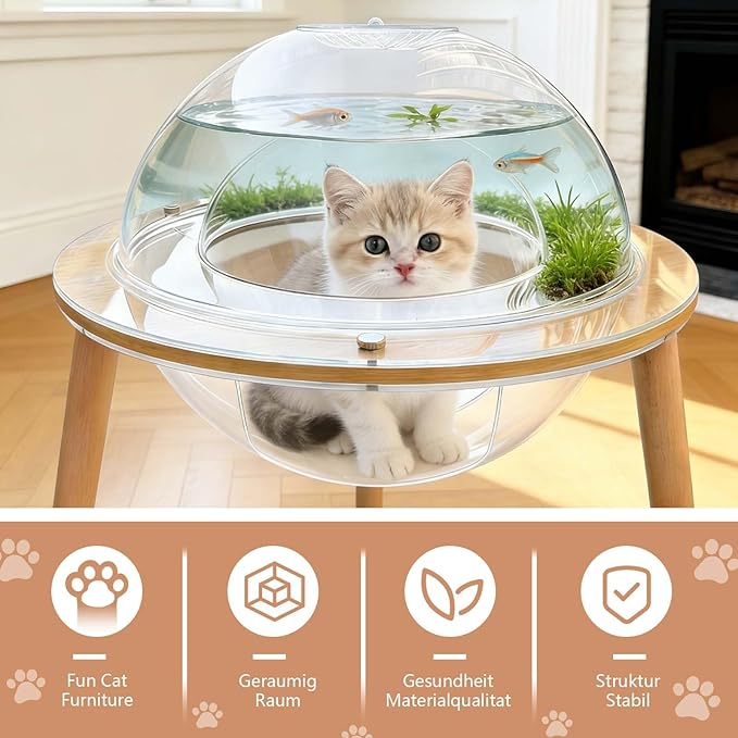 Cat Fish Tank, Interactive Orbit Fish Tank for Cats - 360° Immersive Cat Tv with Internal Tunnel, Heavy-Duty Plywood Base 4mm Thick Acrylic, Indoor Cat Enrichment Furniture