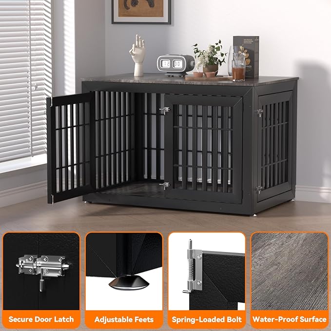 Snuowu 48" Heavy-Duty Dog Crate Furniture for Large Dogs, XXL Wooden Dog Cage Kennel Indoor Furniture, Decorative Pet House End Table, Black & Grey