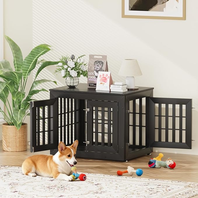 Snuowu 32" Heavy-Duty Dog Crate Furniture for Small/Medium Dogs, Rustic Wooden Dog Cage Kennel Indoor Furniture, Decorative Pet House End Table, Black