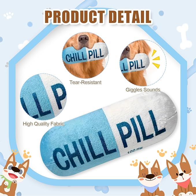 Wanheart Funny Chill Pill Dog Toy, Squeaky Plush Capsule for Teething Puppies & Cats, Interactive Chew Gift with Bite-Resistant Design, Pet Lover Present, Training Supply & Photo Prop(Blue)