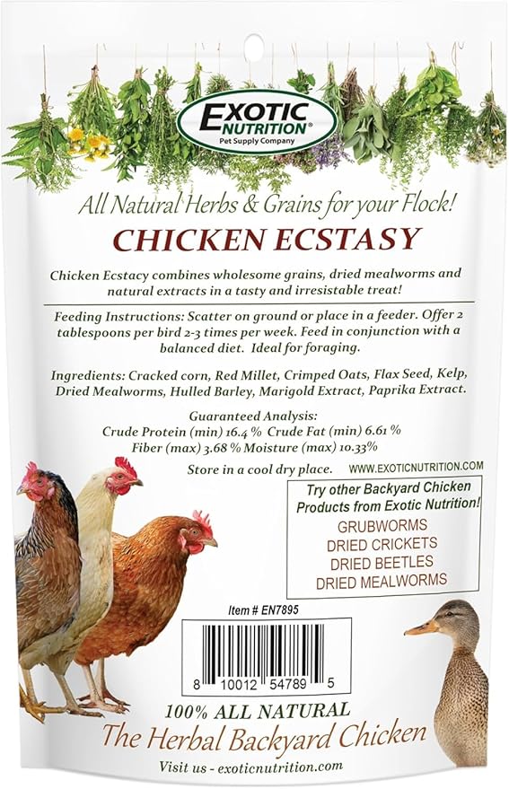 Exotic Nutrition Chicken Ecstasy (10 oz.) - Healthy All-Natural Backyard Chicken Feed - Grains, Dried Mealworms & Natural Extracts - Promotes Healthy Chickens & Eggs
