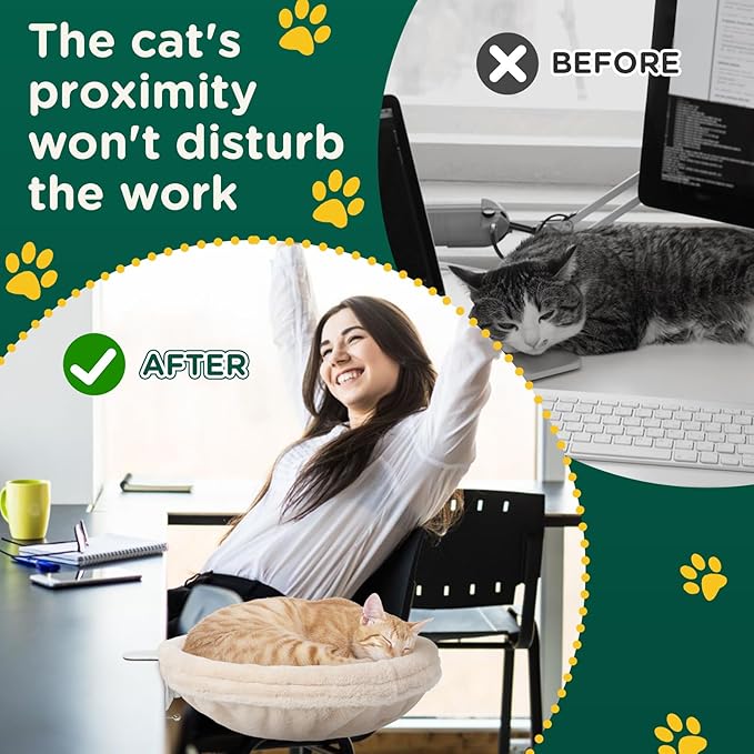Cat Desk Bed, Round Cat Bed for Desk，Adjustable Steel Frame, Indoor Desk Perch for Cat up to 25 lbs, Unique and Modern Cat Furniture（Cream）