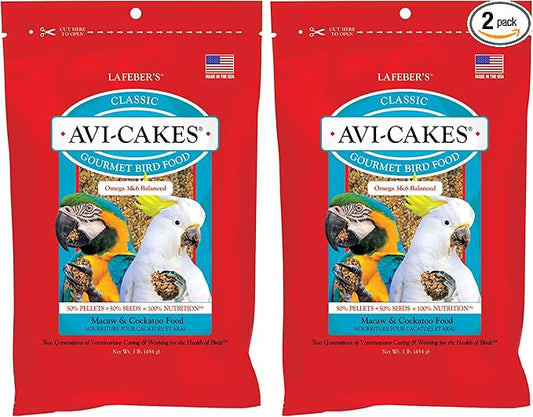 LAFEBER'S Classic Avi-Cakes Pet Bird Food, Made with Non-GMO and Human-Grade Ingredients, for Macaws & Cockatoos (1 Ib Pack of 2)