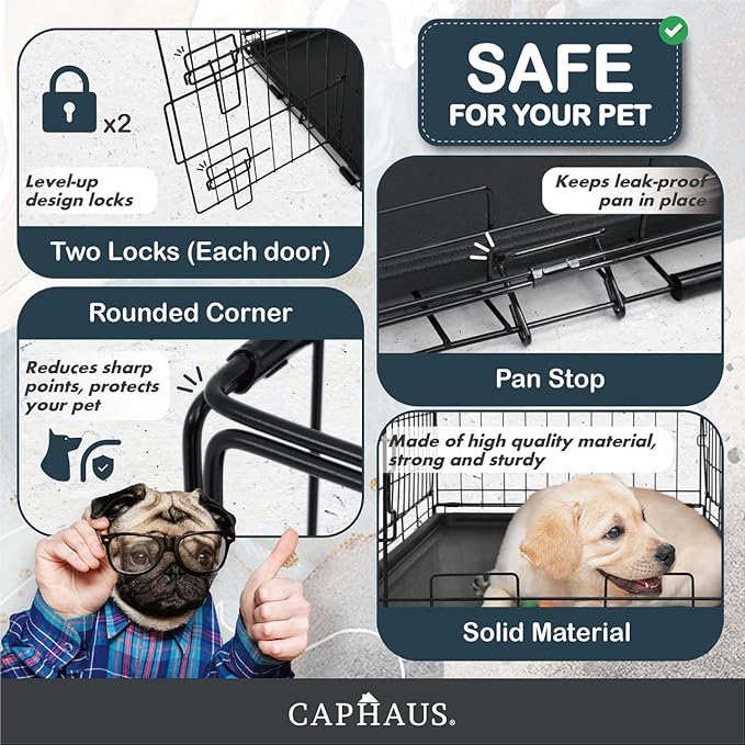 CAPHAUS Foldable Dog Crate Wire Metal Dog Kennel w/Divider Panel, Leak-Proof Pan & Protecting Feet, Single & Double Door, Small, Medium & Large Dog Crate Indoor Wire Dog Cage, 30” w/Classic Lock