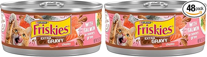 Friskies Purina Extra Gravy Wet Cat Food Chunky with Salmon in Savory Gravy - 5.5 oz. Cans,(Pack of 48)