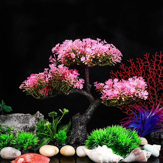 Plastic Aquarium Plants for Fish Tank, Realistic Cherry Blossom Tree & Green Water Grass, Safe for Your Aquatic Pets and Water Quality, Lifelike Artificial Plants for Nature Underwater Landscape