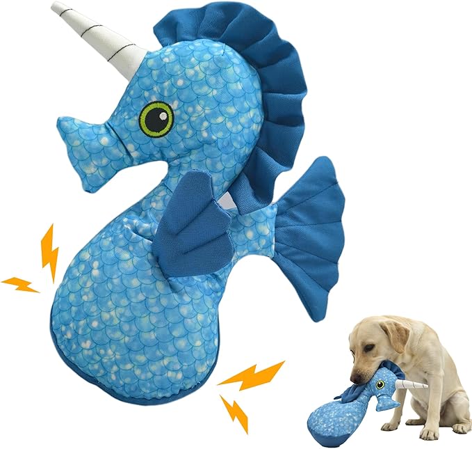Recycled Canvas Seahorse Squeaky Dog Toy for Chewers Puppy Teething Chew Toy Cute Hippocampus Stuffed Animal Durable Interactive Dog Squeak Toy for Small Medium Large Dogs Toy Gift 29cm/11.42in