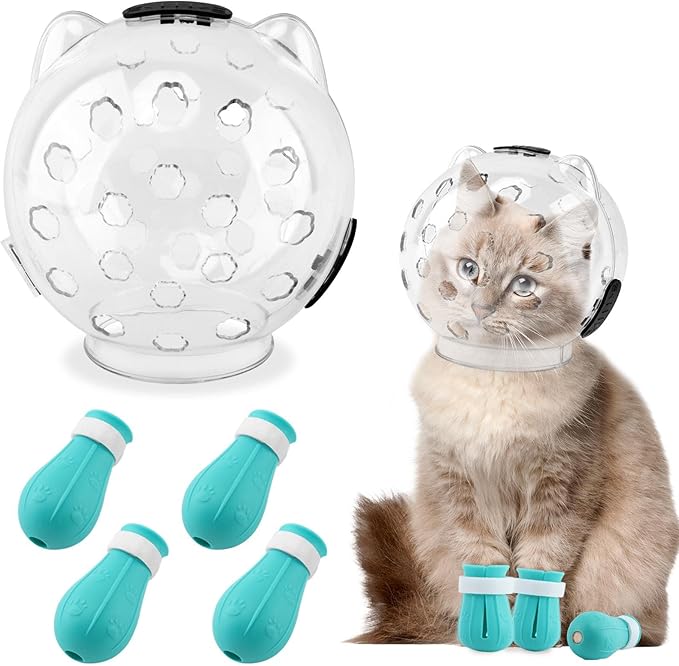 Cat Muzzle for Grooming, Adjustable Breathable Transparent Cat Astronaut Helmet with 4 Silicone Paw Shoes for Bath Nail Trimming(Size:M)
