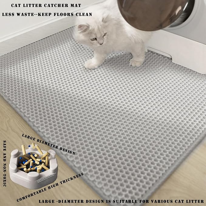 HCY&WLD Cat Litter Mat, 45x26 Inch Extra Large&Long Double Layer Cat Litter Box Mat, EVA Non-Slip, Waterproof Urine Proof Litter Trapping Mat, Easy Clean Scatter Control (45x26 Inch, Gray)