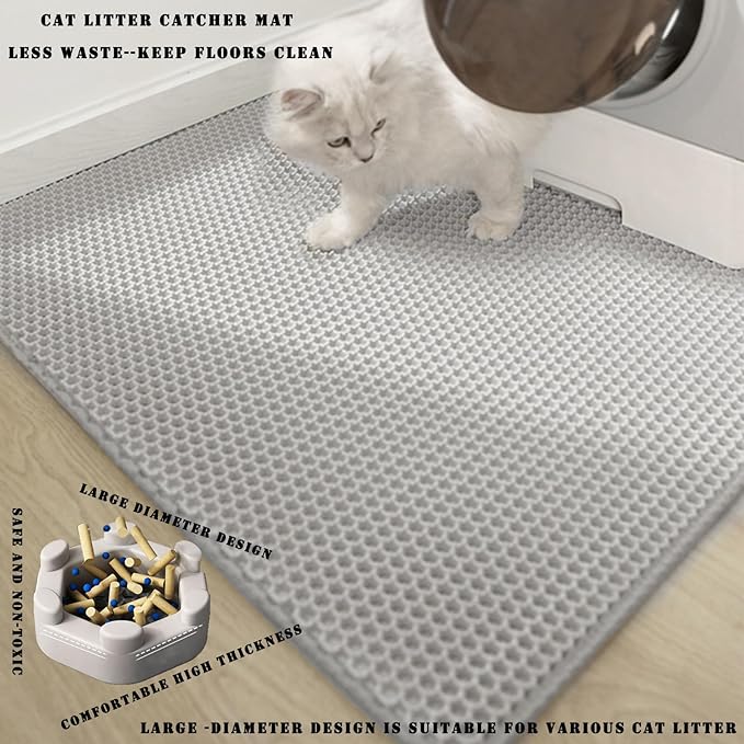HCY&WLD Cat Litter Mat, 45x26/35x24/30x22/24x18 Inch Double Layer Cat Litter Box Mat, EVA Non-Slip, Waterproof Urine Proof Cat Litter Catcher Mat, Easy Clean Scatter Control (35x24 Inch, Khaki)