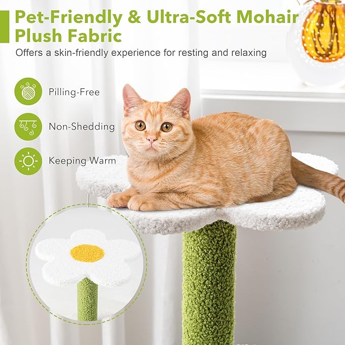PETSITE 34.5 inch Cute Small Cat Tree, Flower Cat Tree with Sisal Scratching Post, Plush Top Perch, Cat Condo, Fluffy Spring Ball & Jingling Ball