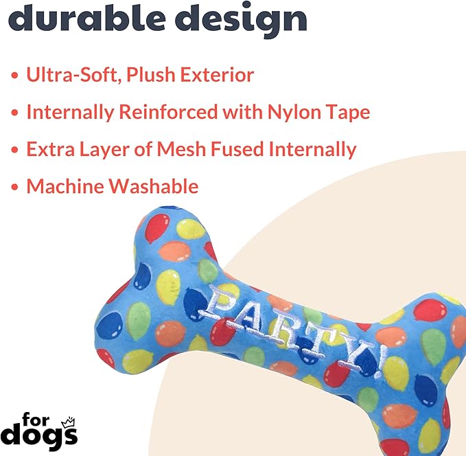 Huxley & Kent Funny Dog Toy w/Squeaker – Birthday Power Plush Squeaky Dog Toys for Small, Medium & Large Dogs – Soft Stuffed Animal for Indoor Play & Fetch - Party Time Blue Bone, Small