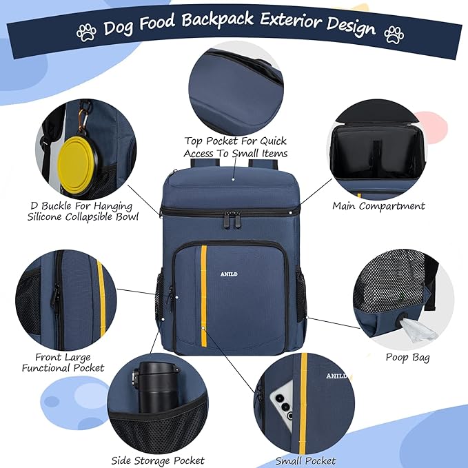 ANILD Dog Travel Bag Backpack, Flight-Ready TSA-Approved Dog Travel Bag with 2 Leak-Proof Food Canisters, 6 Foldable Silicone Bowls, Multi-Compartment Organizer for Hiking, Camping, Dog Mom Essentials