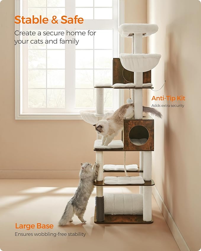 Feandrea Cat Tree, 75.6-Inch Modern Cat Tower, Tall Multi-Level Condo with 2 Caves, 2 Hammocks, 4 Scratching Posts, Self-Groomer, Tunnel, Perch, Rustic Brown UPCT193X01