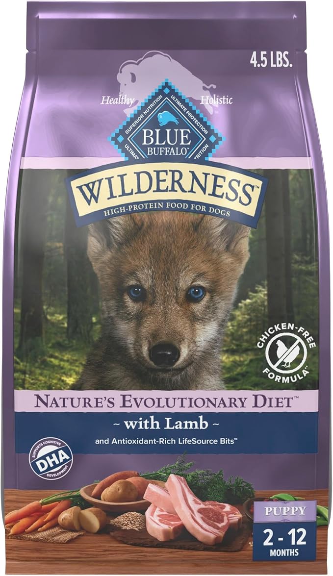 Blue Buffalo Wilderness 37 g Protein, Meat Rich Natural Puppy Dry Dog Food, Lamb, Chicken-Free Formula, 4.5lb Bag
