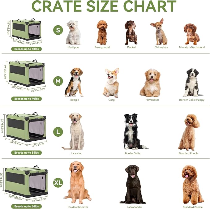 PETSFIT 26" Soft Portable Dog Crate – Patented Spiral Sturdy Frame, Collapsible Travel Kennel for Small Dogs, 3 Mesh Door, Lockable Zippers, Indoor & Car Use Green