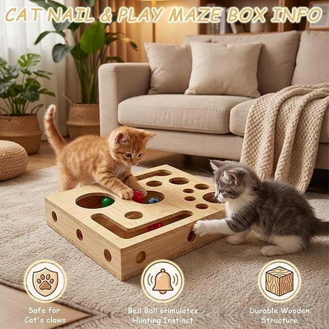 2026 Upgrade Nail File Stress Free Alternative ，Wood Cats Scratch Puzzle Enrichment Box with Bell Ball & Sandpaper Inside，Stress-Free Alternative to Claw Clippers & Grinders (Box)