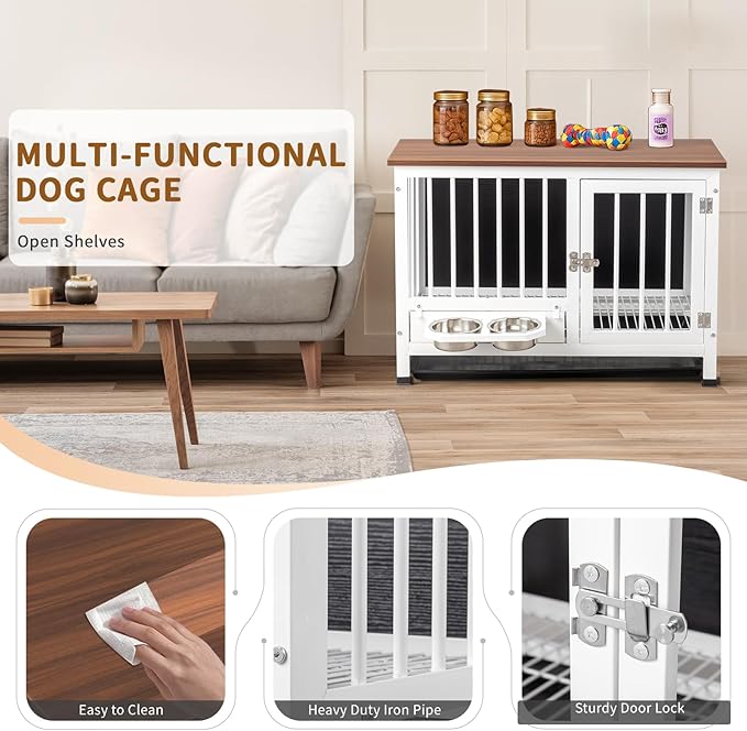 VINGLI Dog Crate Furniture, 32.5" Wooden Dog Kennel with 360° Swivel Feeder, Dog Cage Indoor for Small and Medium Dogs, Easy to Clean (Medium-32 inch White)