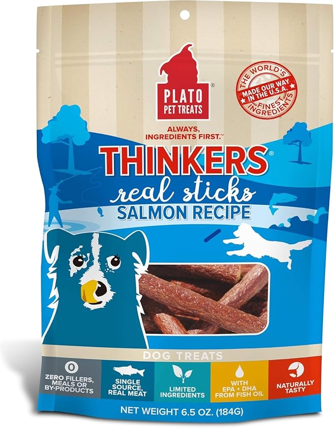 PLATO Pet Treats Air Dried Dog Treats Salmon Thinkers Sticks, Natural Dog Treats, Real Meat, Air Dried, Made in the USA, 6.5oz