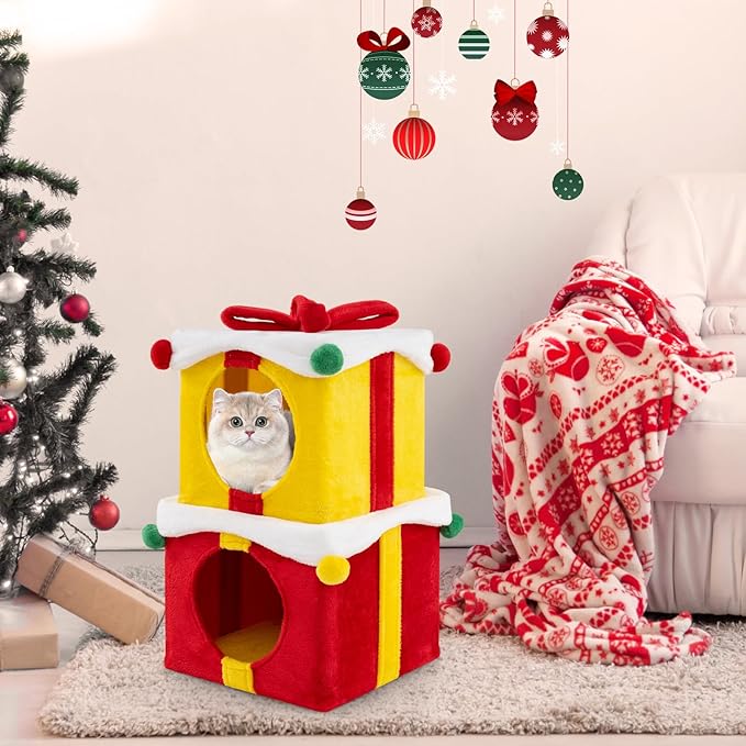 PETSITE Christmas-Themed Gift Box-Shaped Cat House, Stackable 2-Piece Indoor Cat Caves for Kittens, Colorful 2-Story Cat Hideaway Cat Bed for Indoor Cats