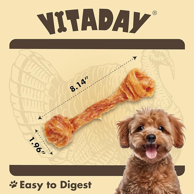 VITADAY Turkey Tendons for Dogs, All Natural, Healthy Dog Treats, Long Lasting, Hypoallergenic Dog Chews, Rawhide Free, USA-Sourced, for Large Dogs, Bone (L), 1 Count