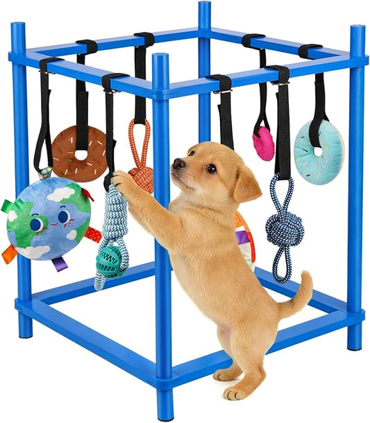 Wooden Puppy Play Gym for Small Dogs, Puppy Jungle Gym with 8 Hanging Toys, Wood Frame Indoor Puppy Gym with Dog Enrichment Toys for Puppies and Small Pets (Blue)