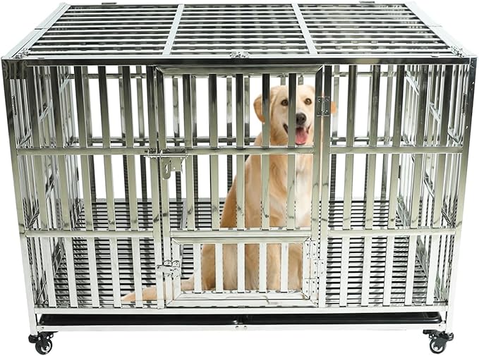 Confote 47 Inch Heavy Duty Dog Crate Metal Cage Kennel, High Anxiety Pet Cage with Lockable Wheels & Double Doors for Small Medium Large Dogs