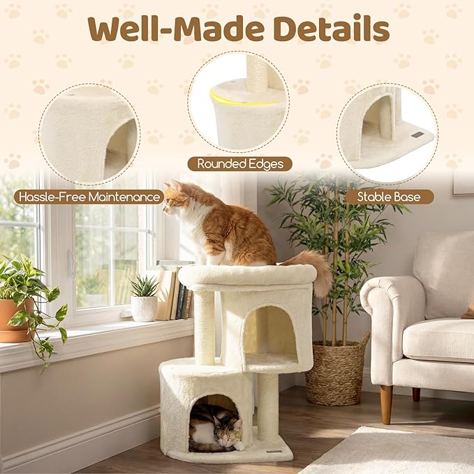 DORTALA Cat Tree for Indoor Cats, 26-Inch Cat Tower with 2 Cozy Condos, Sisal Scratching Post, Plush Top Perch, Modern Kittens Activity Play Center (Beige)