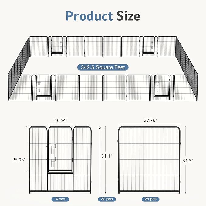 DUMOS Dog Playpen Indoor, Metal 32 Inch 32 Panels Foldable Pet Fence with Door, Outdoor Small Medium Large Dog Puppy Portable Exercise Play Pen for RV Camping, Trips, Play Yard