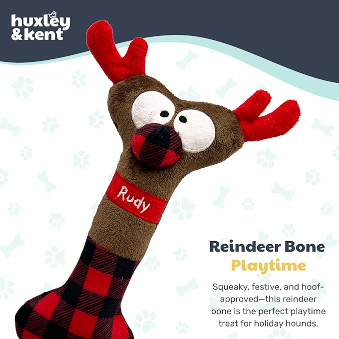 Huxley & Kent Funny Dog Toy w/Squeaker – Holiday Power Plush Squeaky Dog Toys for Small, Medium & Large Dogs – Soft Stuffed Animal for Indoor Play & Fetch - Reindeer Bone, One Size