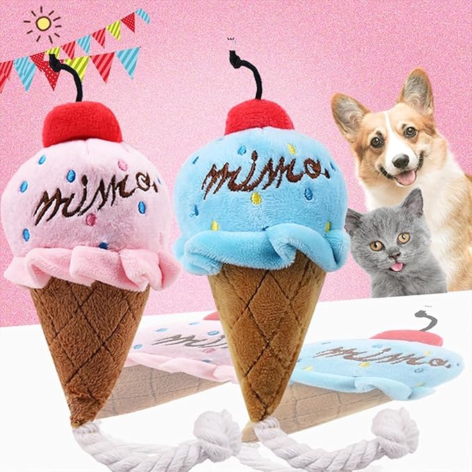1pc Brown Blue Ice Cream Dog Squeaky Toys,Cute Puppy Chew Toys with Ropes,Add Interactive Dog Plush Toy for Small to Medium Dogs and Cats Pet Supplies,Toys