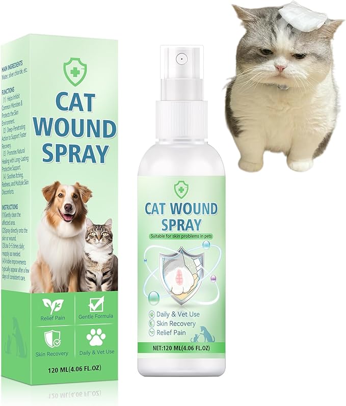 Cat Wound Spray, Wound Care for Cats, Pet Wound Care Formula for Scratching Irritation Bites Burns Redness, Supports Skin Comfort and Recovery for Kittens, Adult Cats, Pets, 120ml