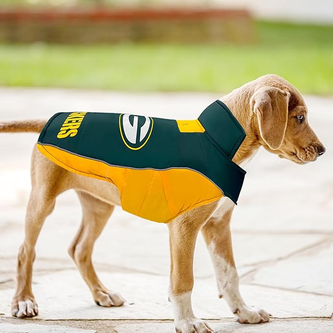 NFL Green Bay Packers Puffer Vest for Dogs & Cats, Size Large. Warm, Cozy, and Waterproof Dog Coat, for Small and Large Dogs/Cats. Best NFL Licensed PET Warming Sports Jacket
